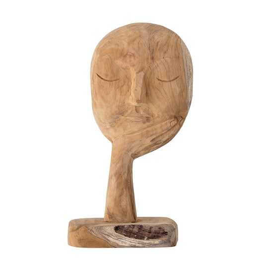 Bloomingville 14&#x22; Hand-Carved Teak Wood Face Resting on Hand Figurine